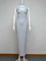 Light blue sleeveless bodycon maxi dress with cut-out detail at the bust and high neckline displayed on a mannequin against a white background.