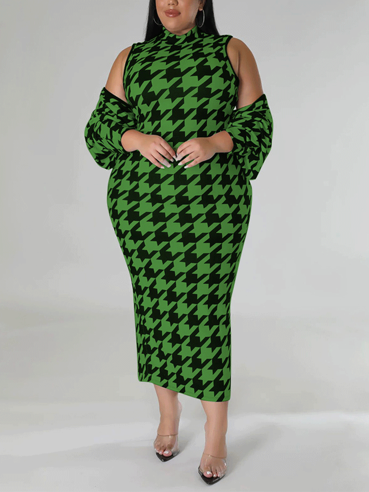 Houndstooth maxi dress with matching cape jacket - View 9 | Lwiis