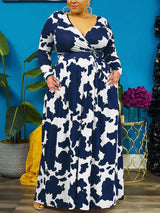 Cow Print Maxi Dress with V-Neck and Long Sleeves - View 11 | Lwiis