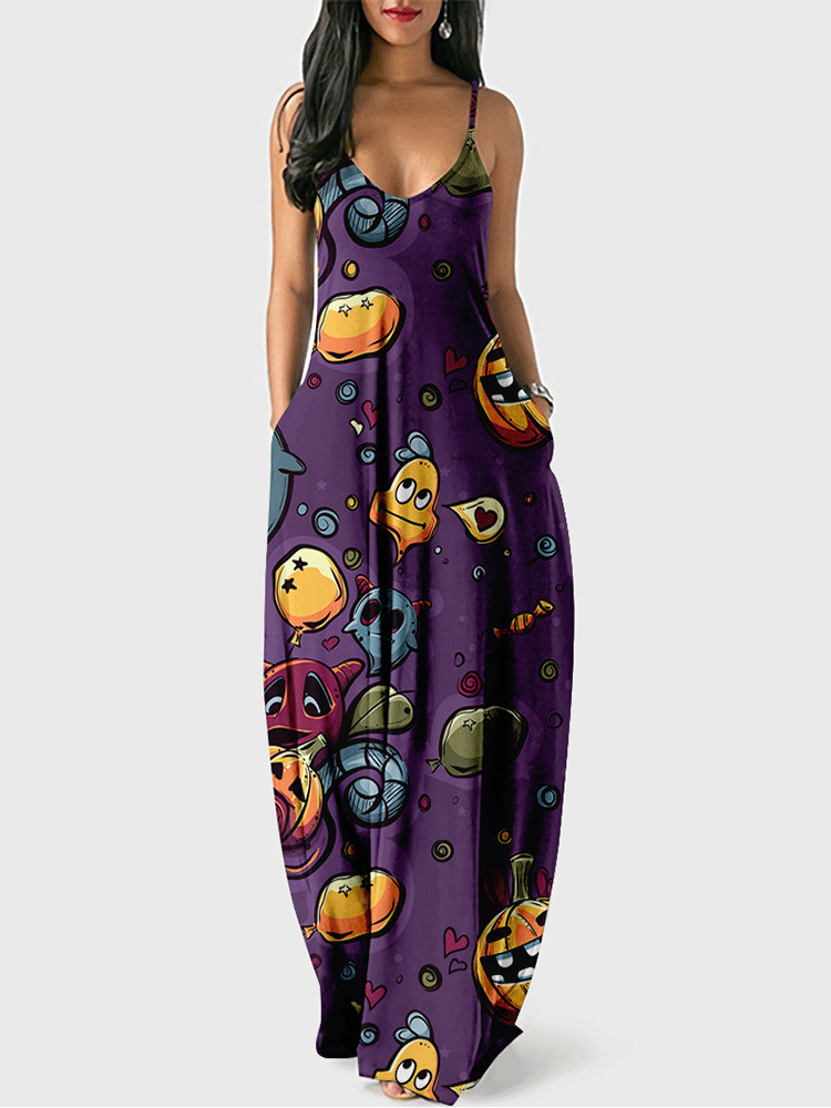 Woman wearing a purple maxi dress with a Halloween print featuring cartoon pumpkins and monsters.