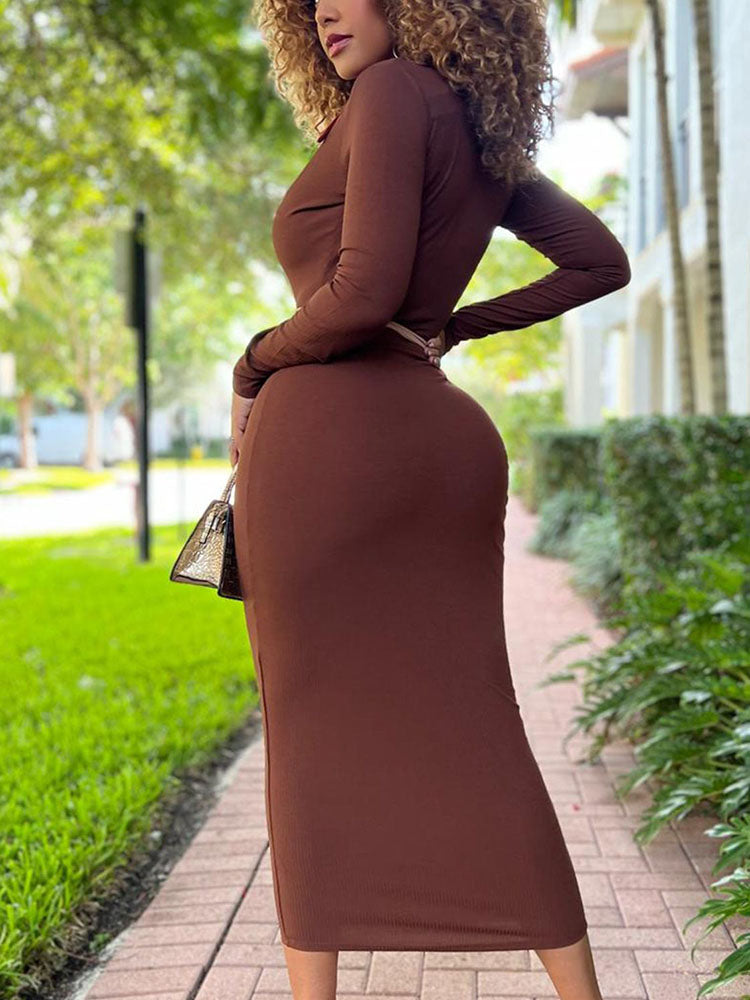 Color block ribbed knit midi dress with V-neck and long sleeves - View 6 | Lwiis