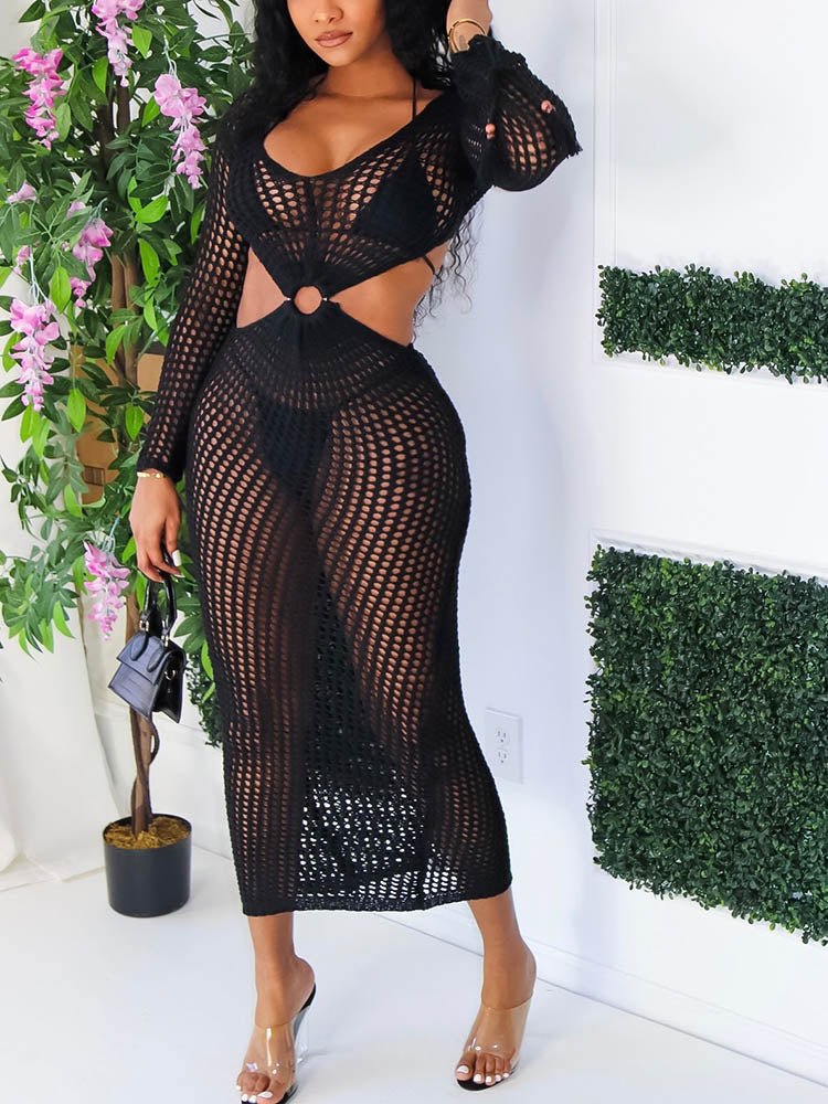 Crochet maxi dress with V-neckline and tassel accents - View 9 | Lwiis
