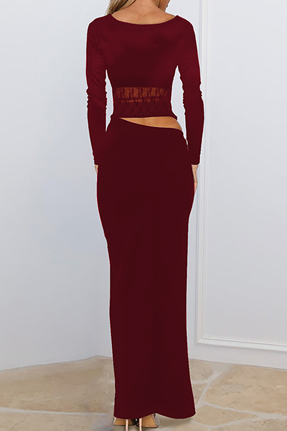Lace trim maxi dress with long sleeves and V-neckline - View 6 | Lwiis