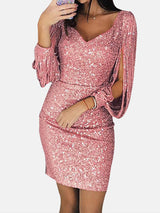 pink sequin dress with fringe sleeves
