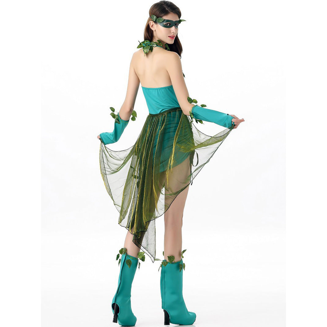 Woman in a green leaf costume, back view
