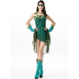 Woman in a green leaf costume with hands on hips, front view