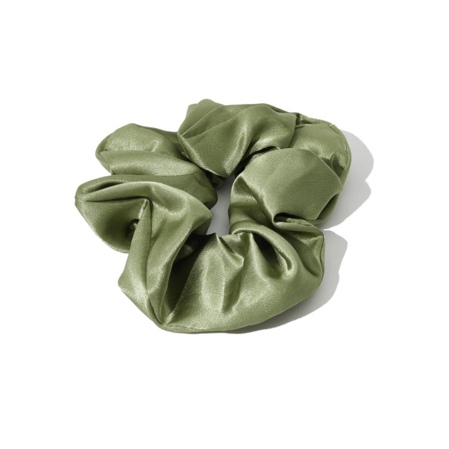 A single olive green satin scrunchie is shown on a white background.