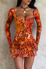 Long sleeve mini dress with irregular neckline and layered ruffles - View 6 | Lwiis