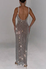 Silver rhinestone embellished sheer mesh column maxi dress with open back and square neckline - View 6 | Lwiis