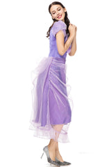 Side view of a woman in a purple costume dress