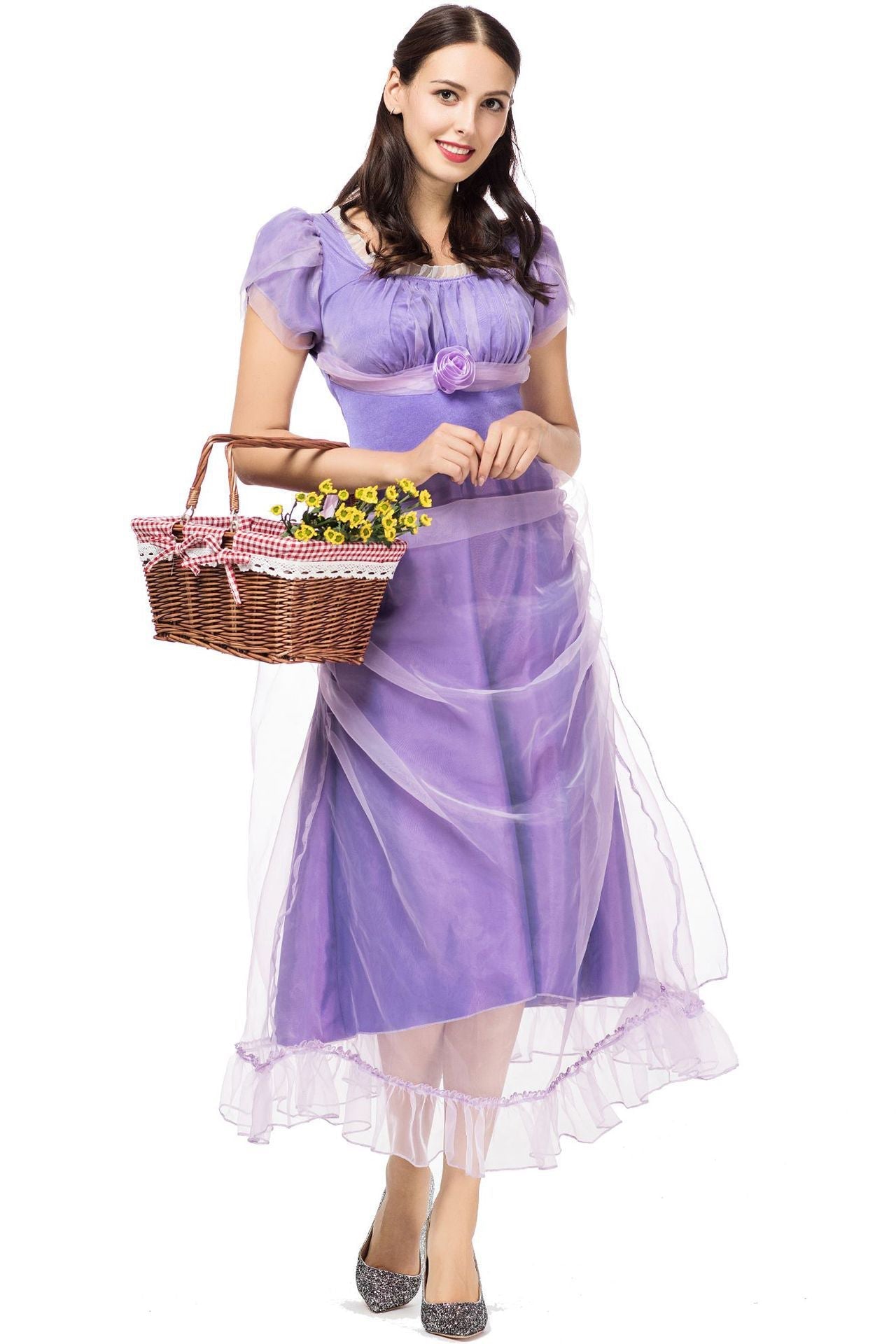 Woman in a purple costume dress with a basket of yellow flowers