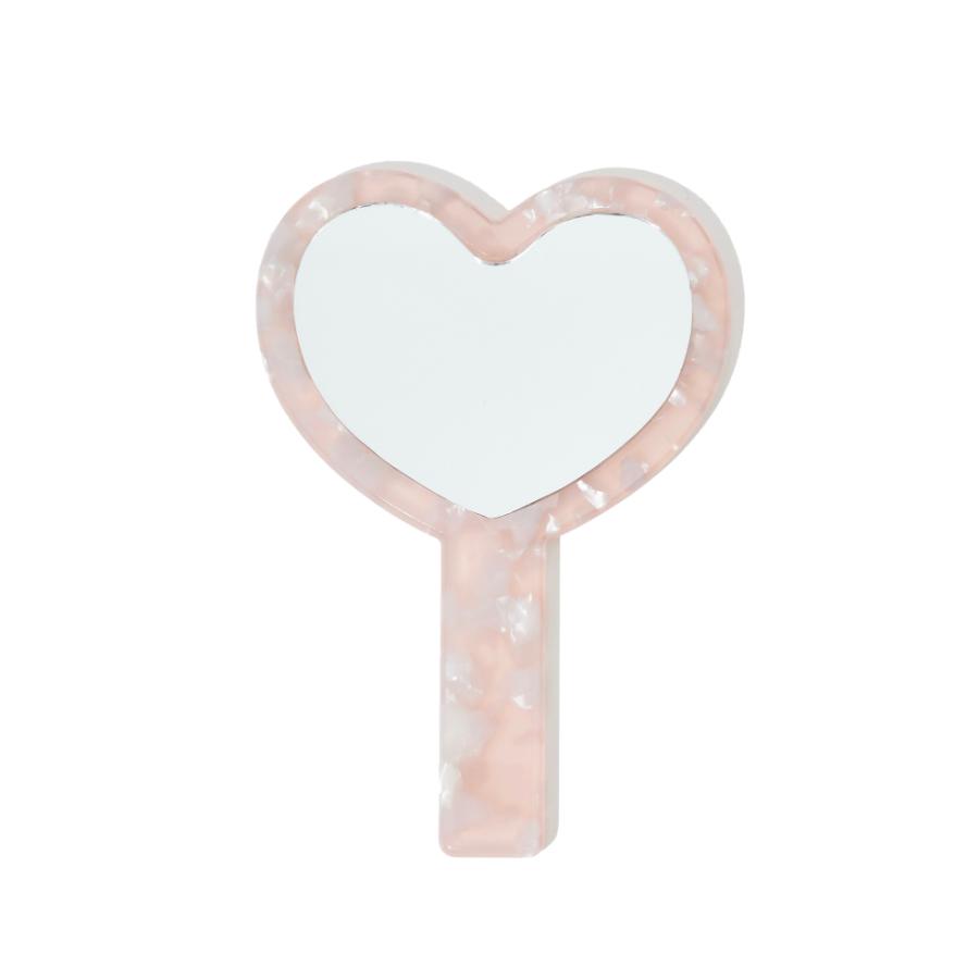 Front view of a heart-shaped hand mirror with a pink marbled handle