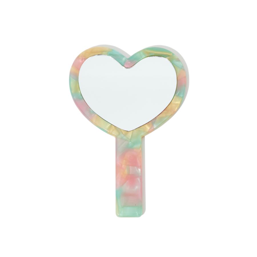 Front view of a heart-shaped handheld mirror with a marbled multicolor acetate frame and handle