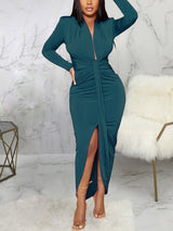 Ruched V-neck long sleeve midi dress - View 8 | Lwiis