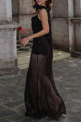Shimmering Bodycon See Through Mesh Patchwork Hem Slip Maxi Dresses - Black