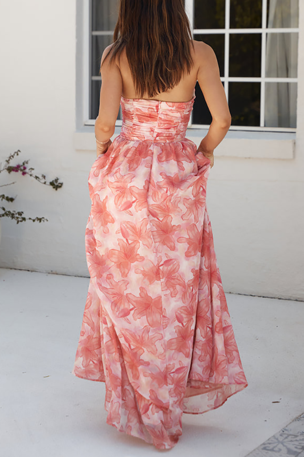 Strapless floral print maxi dress with ruched bodice and high slit - View 6 | Lwiis
