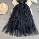 Close-up of the black tiered tulle skirt