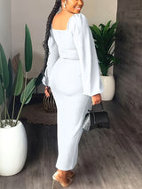 Elegant maxi dress with puff sleeves and square neckline in crepe fabric - View 12 | Lwiis
