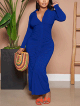 Solid Ruched Button Maxi Dress - View 16 | Lwiis