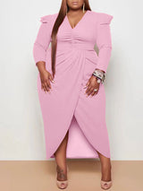 Ruched V-Neck Midi Dress with Split Skirt - View 9 | Lwiis