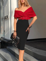 Woman in a red off-the-shoulder top and black pencil skirt with black polka dot gloves.