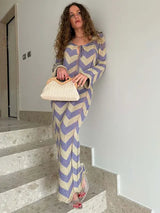 Geometric chevron knit maxi dress with long sleeves and tie neckline - View 10 | Lwiis