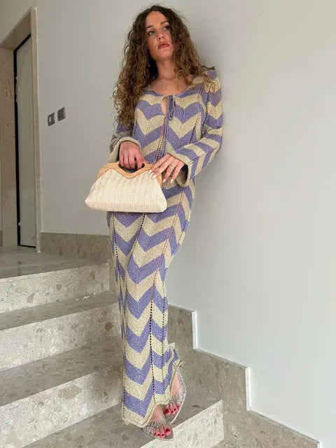 Geometric chevron knit maxi dress with long sleeves and tie neckline - View 10 | Lwiis