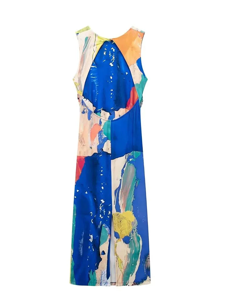 back view of abstract print midi dress