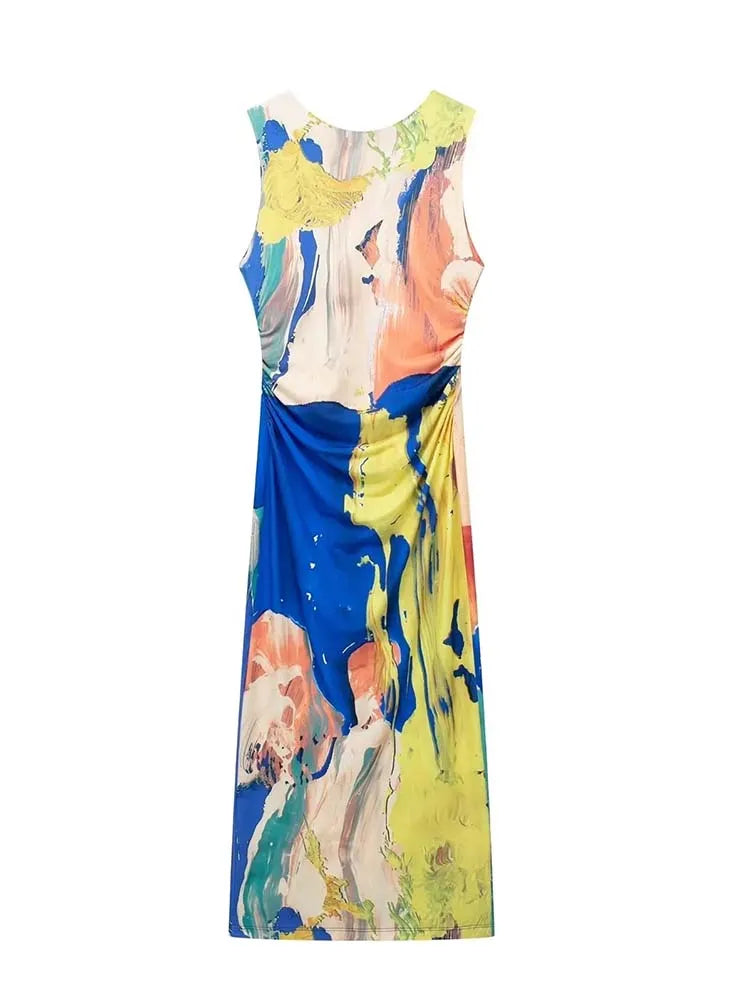 sleeveless abstract print midi dress