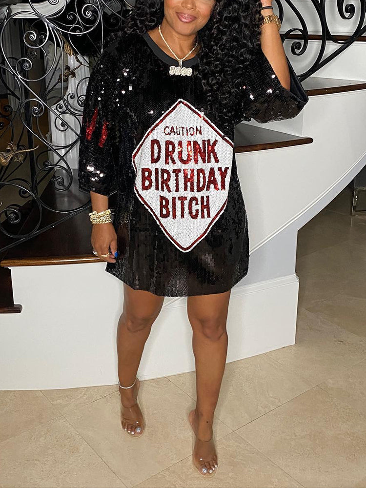 Sequin T-Shirt Dress with Geometric Print - View 18 | Lwiis