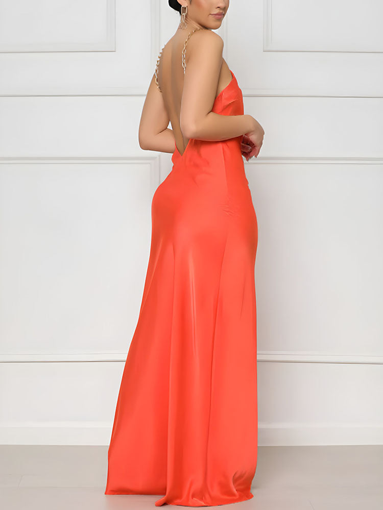 Halter Chain Maxi Dress in Satin - View 7 | Lwiis
