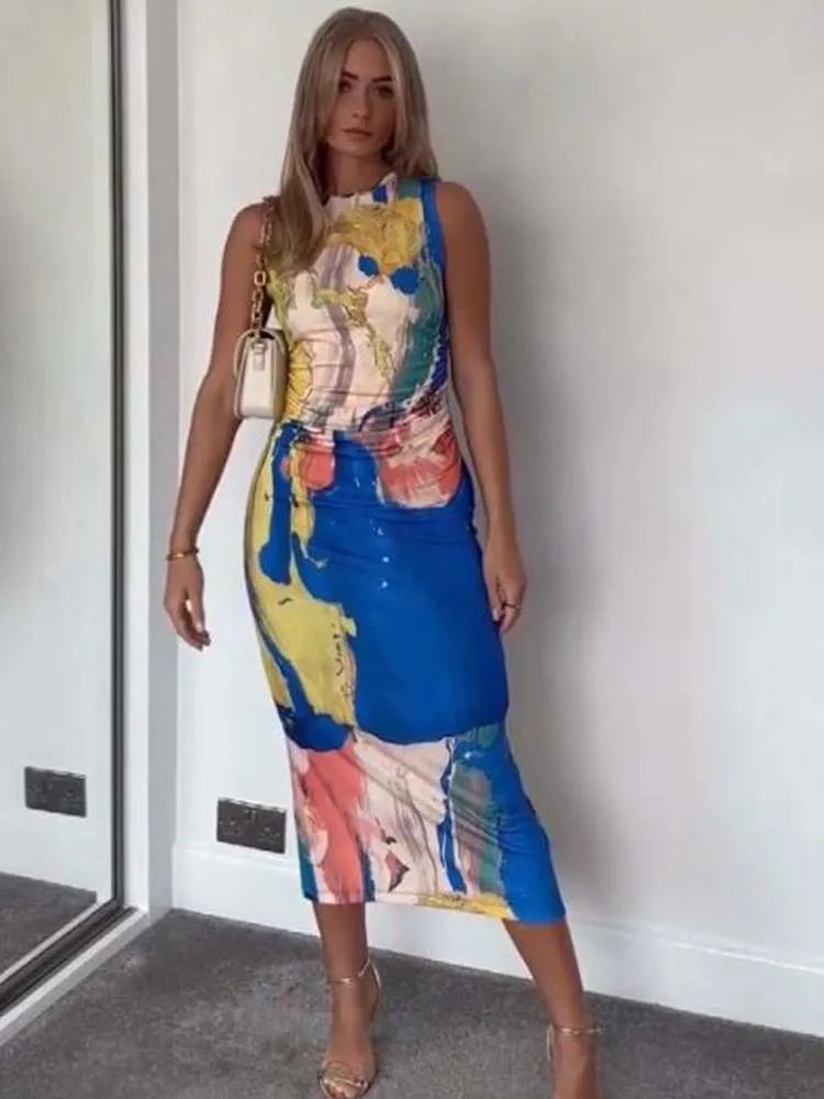 Printed Tulle Midi Dress - View 6 | Lwiis