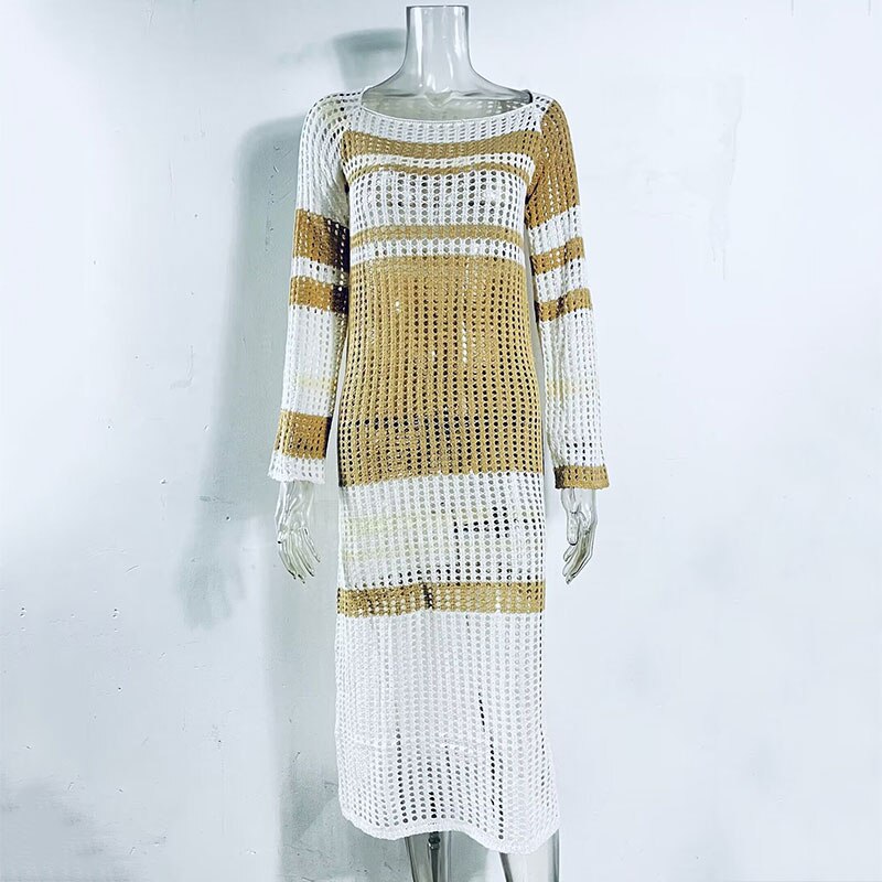 Striped knit maxi dress with long sleeves - View 9 | Lwiis