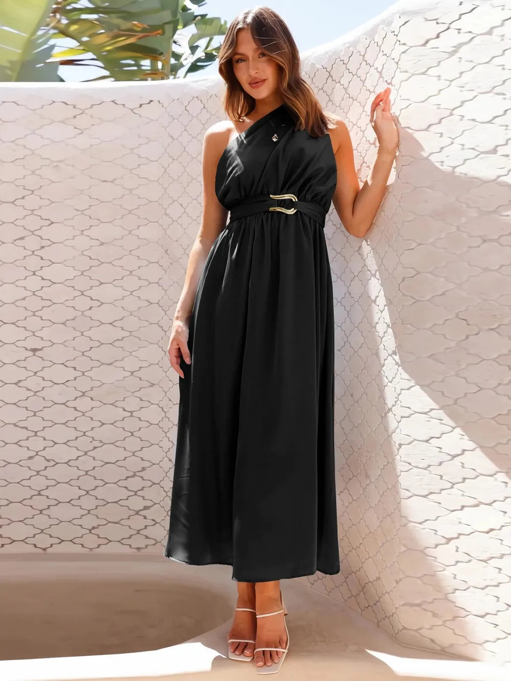 Asymmetrical neckline midi dress - View 17 | Lwiis