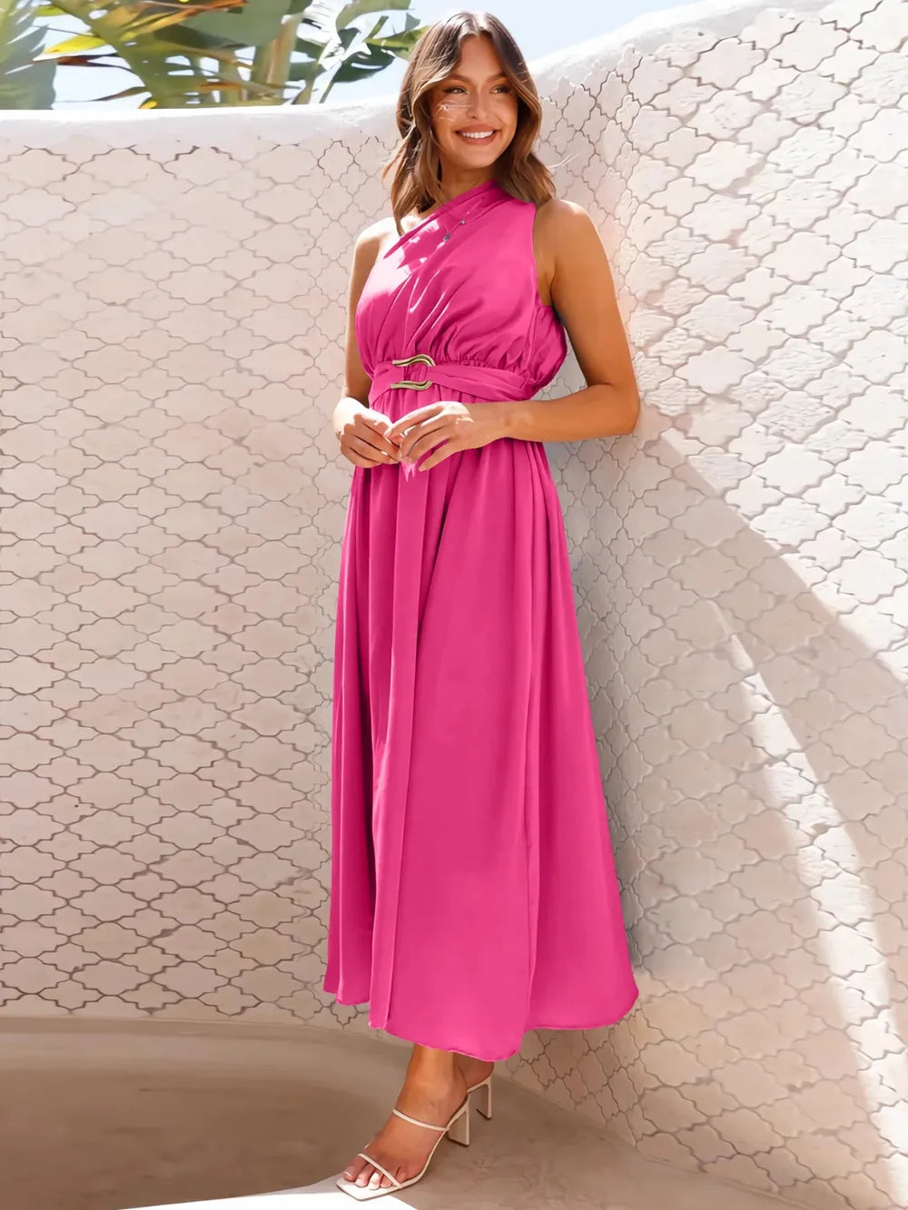 Asymmetrical neckline midi dress - View 10 | Lwiis