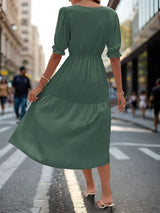 V-neck midi dress with puff sleeves - View 14 | Lwiis