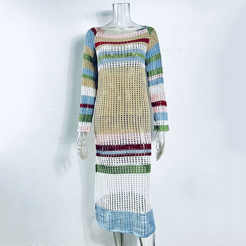Striped knit maxi dress with long sleeves - View 7 | Lwiis