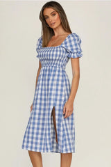 Plaid Midi Dress with Puff Sleeves - View 9 | Lwiis