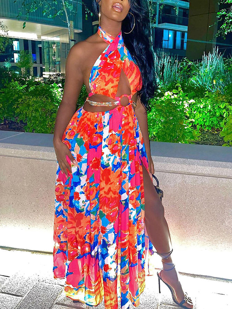 Maxi Halter Dress with Ring Detail - View 13 | Lwiis