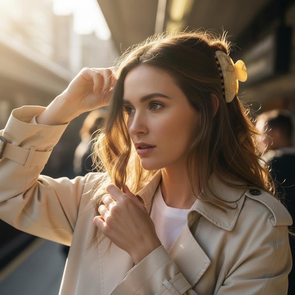 Large acetate hair claw clip with marble-like pattern - View 6 | Lwiis