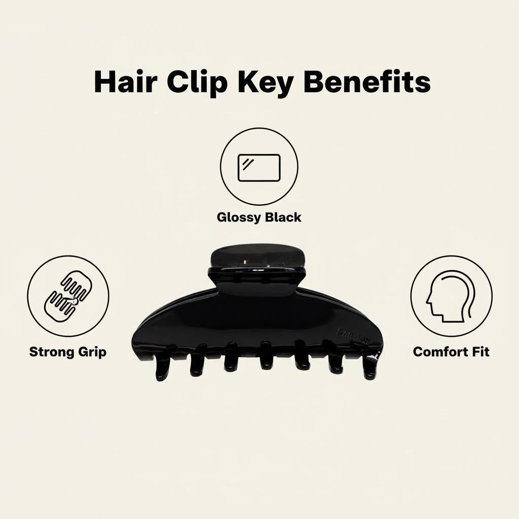 Hair clip key benefits: glossy black, strong grip, comfort fit