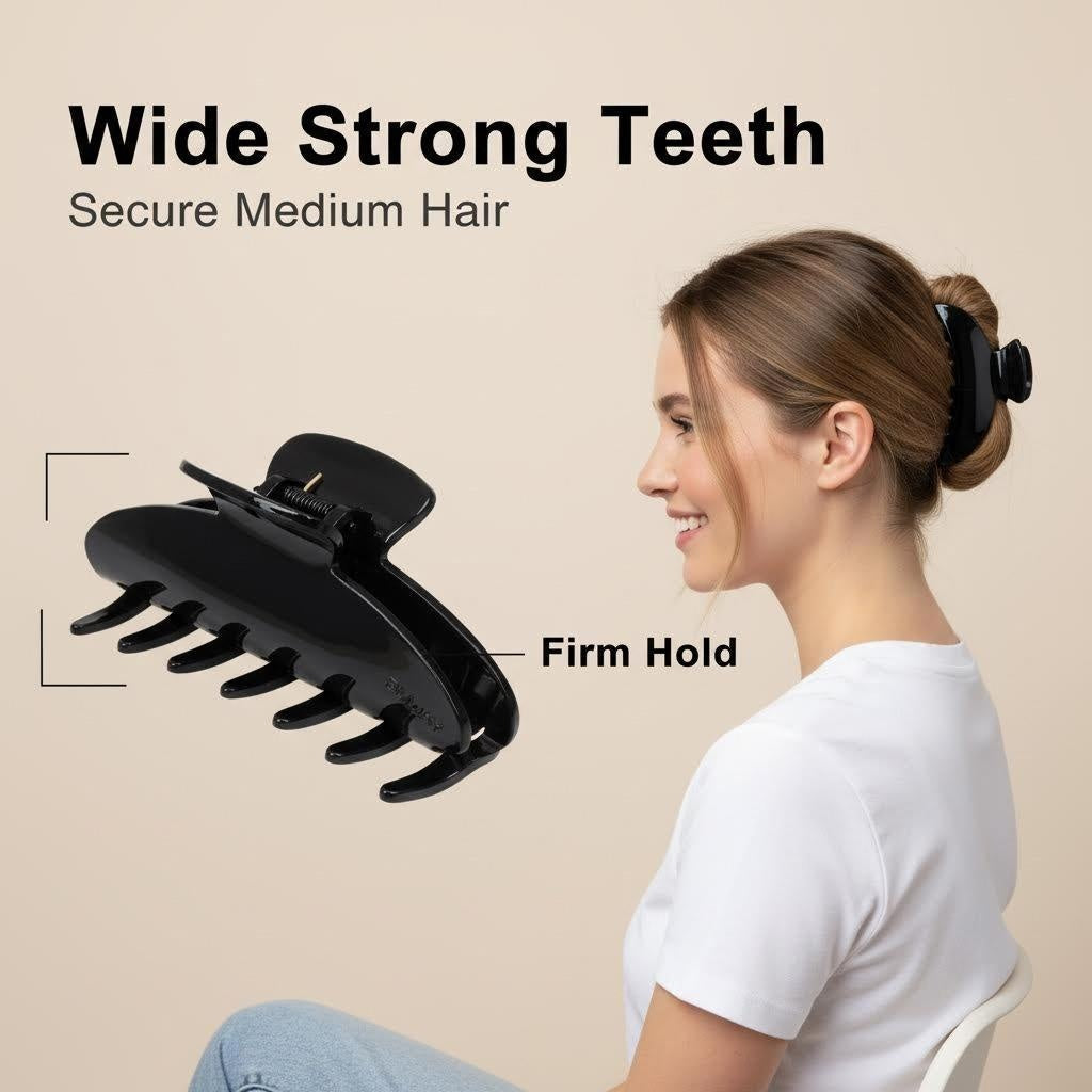 Woman using a black hair claw clip for medium hair