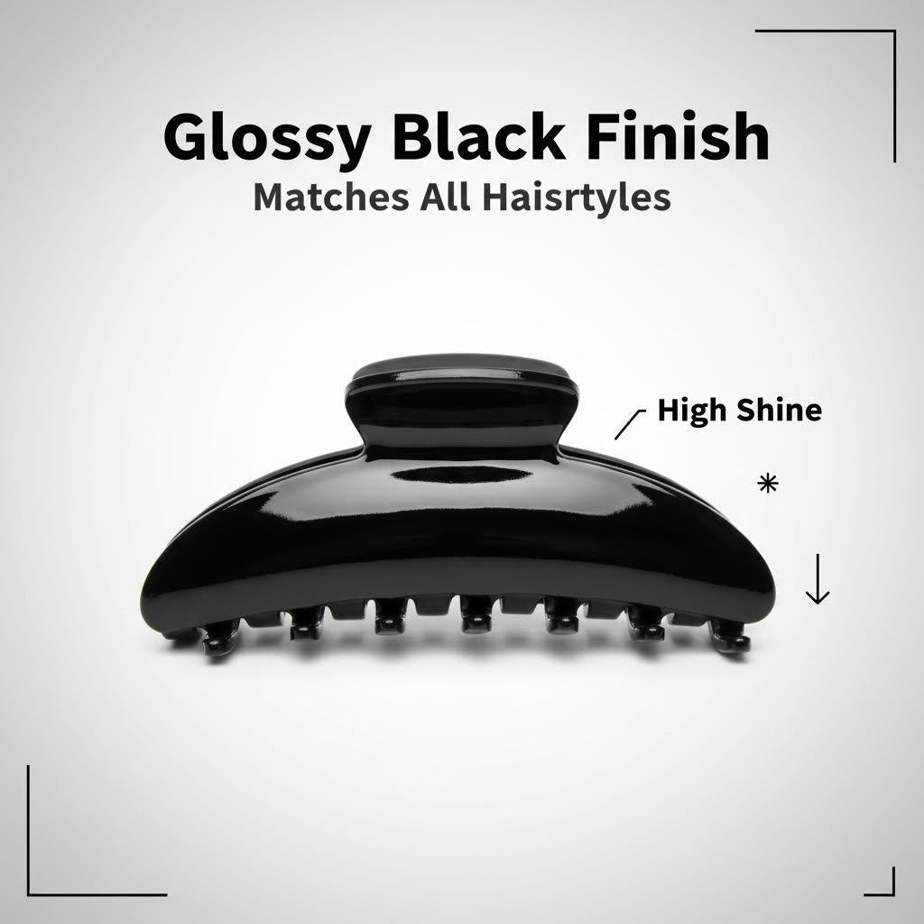 Close-up of a glossy black hair claw clip with high shine