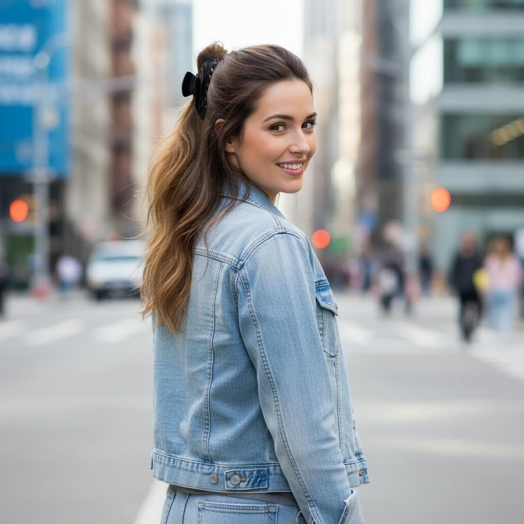 Woman with long brown hair styled in a ponytail with a black hair claw clip