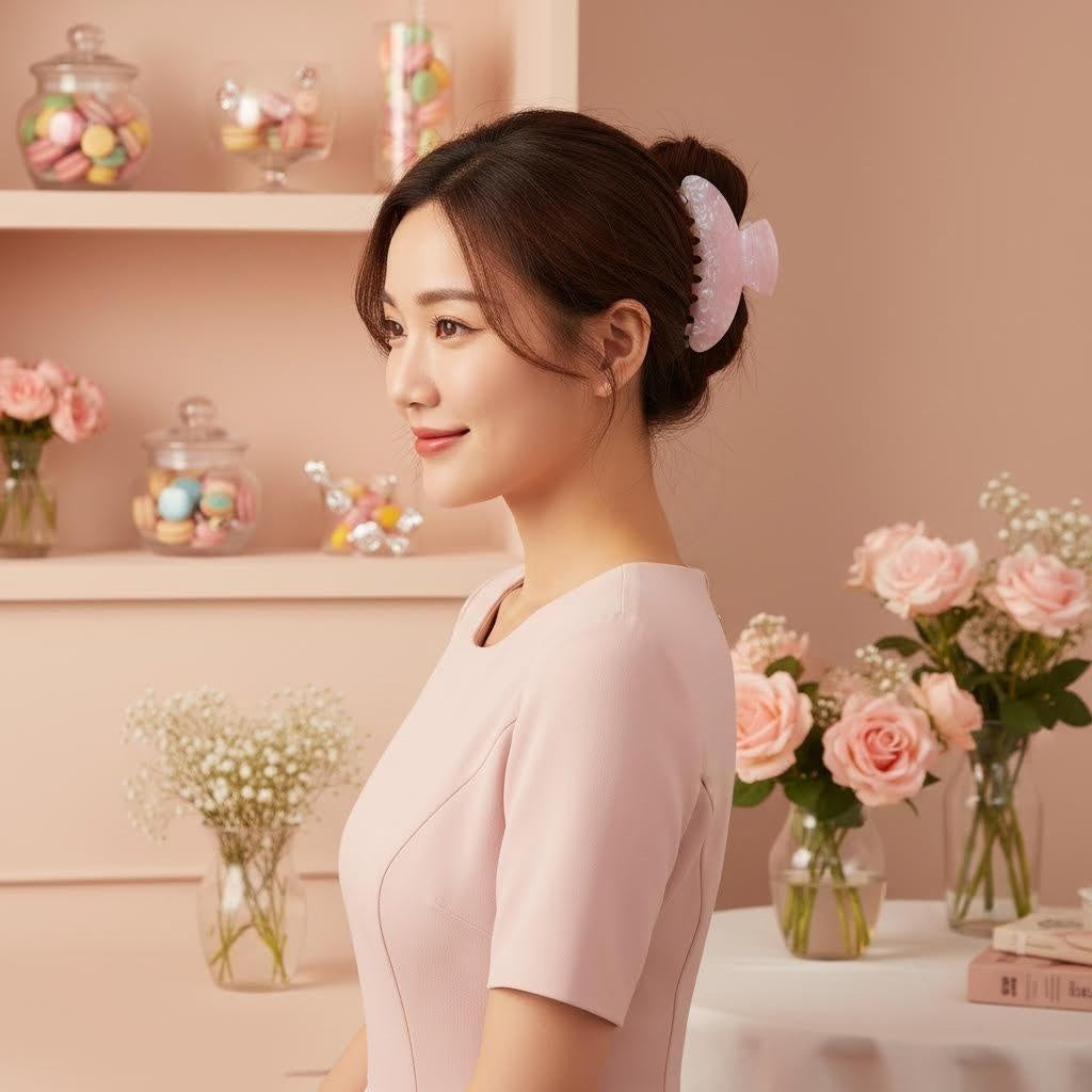 Woman in a pink dress with a pink claw clip in her hair