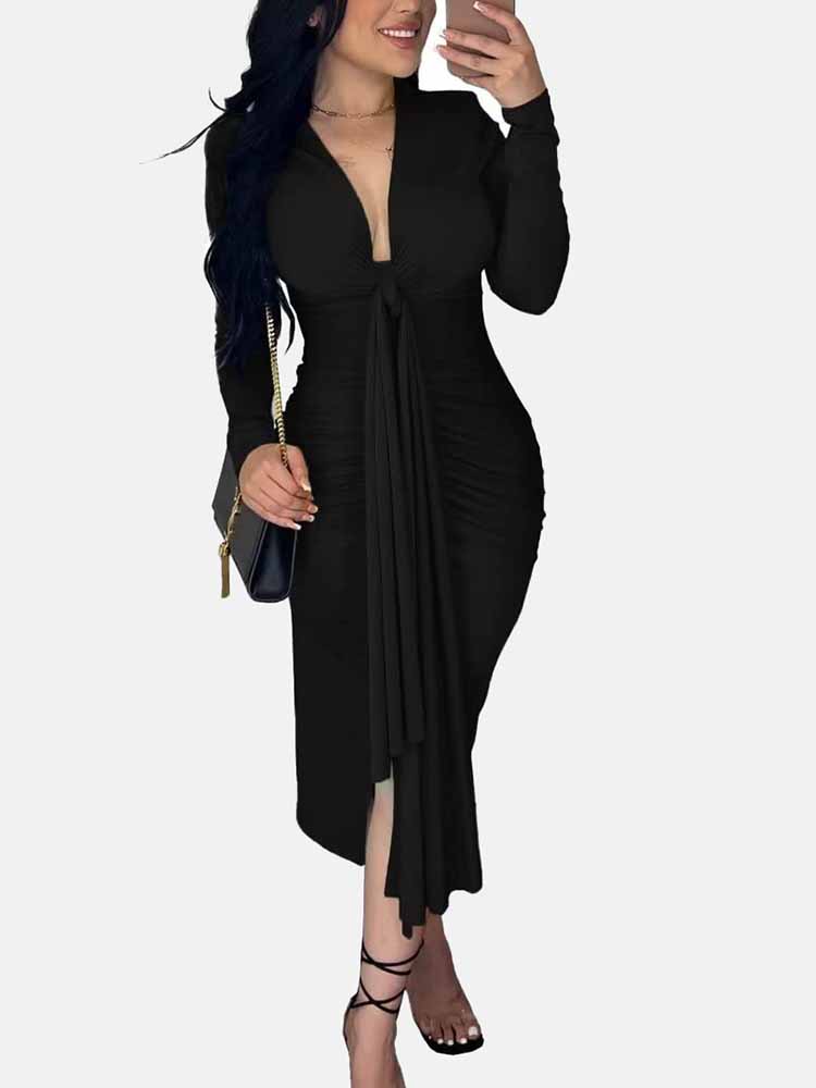 V Neck Tie Front Ruched Dress - View 10 | Lwiis