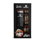 Stanley Barbie Ken Quencher H2.0 FlowState Tumbler, black with white western stitching pattern, displayed inside its product packaging.