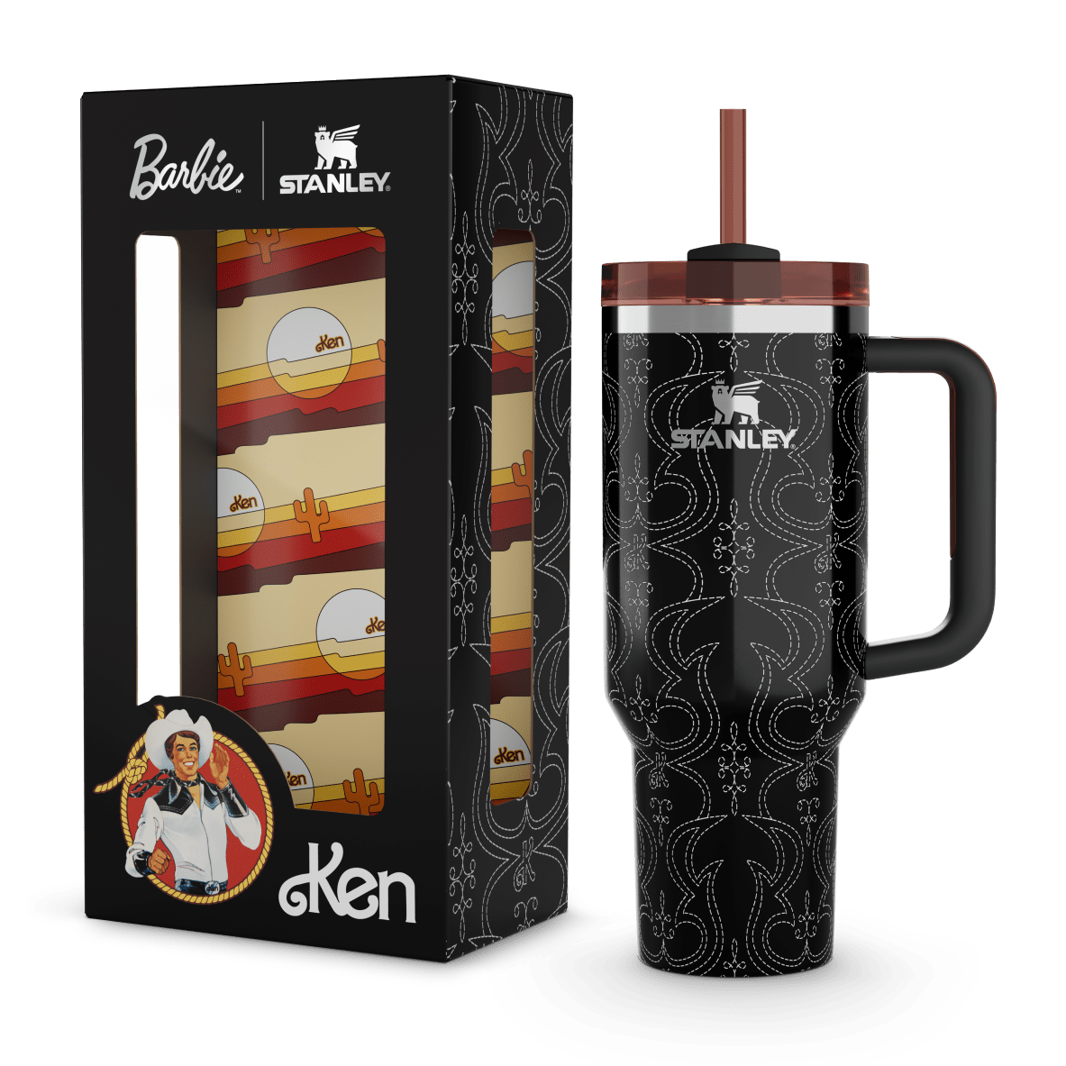 Stanley Barbie Ken Quencher H2.0 FlowState Tumbler, black with white western stitching pattern, shown next to its product packaging.