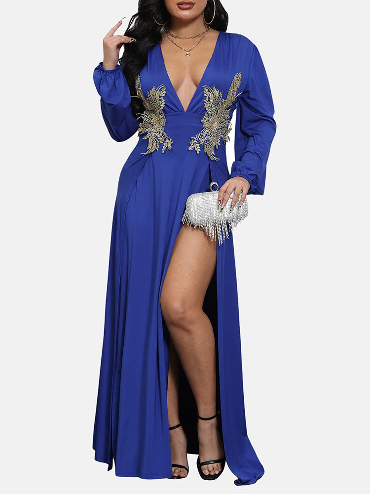 Elegant Maxi Dress with High Split and Embellished Waist - View 12 | Lwiis