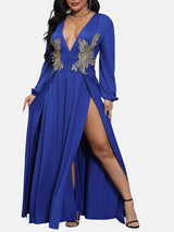 Elegant Maxi Dress with High Split and Embellished Waist - View 11 | Lwiis